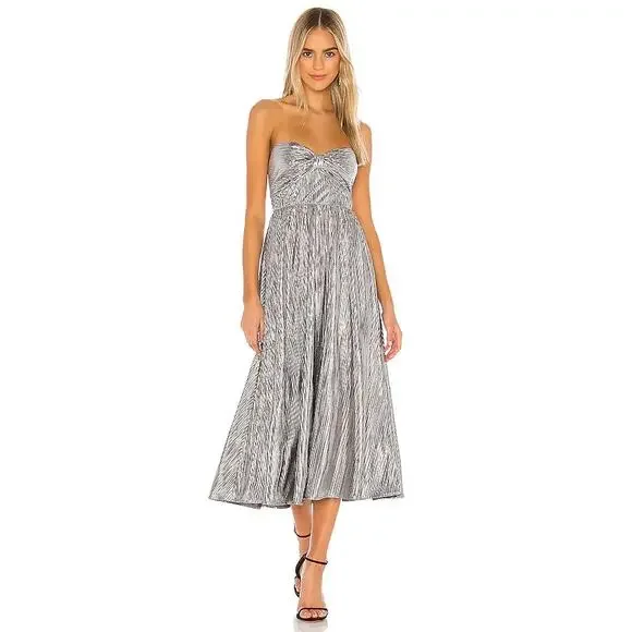 Lovers + Friends Tanya Midi Dress Silver Small Metallic Pleated Rhinestone Strap - Picture 2 of 14